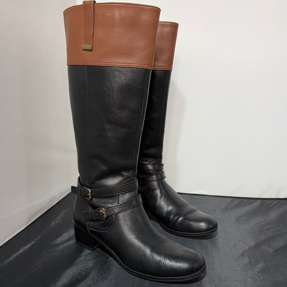 Bandolino Carlotta Black Brown Leather Riding Boots BDCARLOTTA-W Size 8M